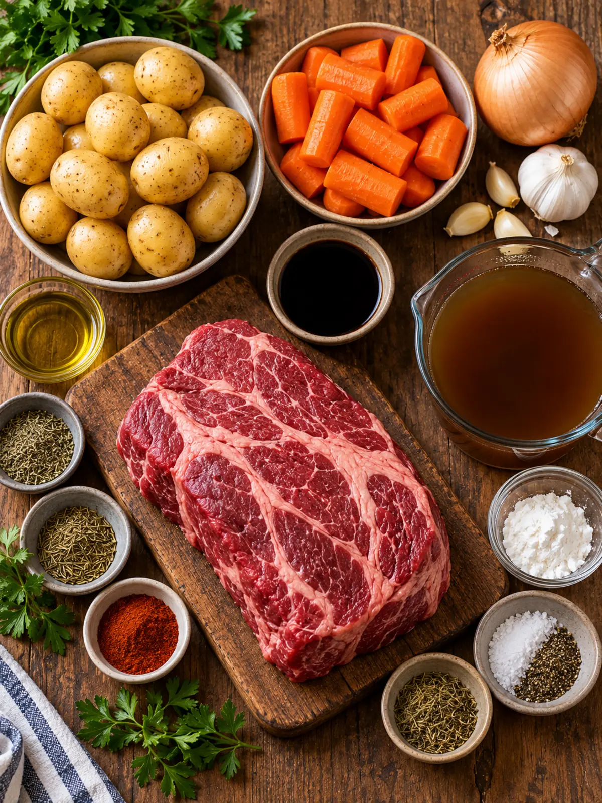 Balsamic Glazed Pot Roast from Slow Cooker — ingredients flat-lay
