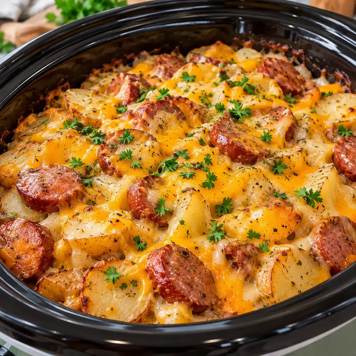 Creamy Cheesy Potatoes and Beef Kielbasa — featured