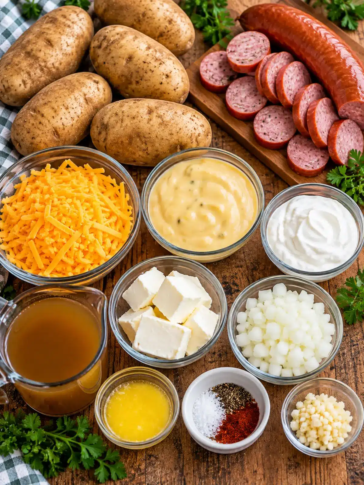 Creamy Cheesy Potatoes and Beef Kielbasa — ingredients flat lay