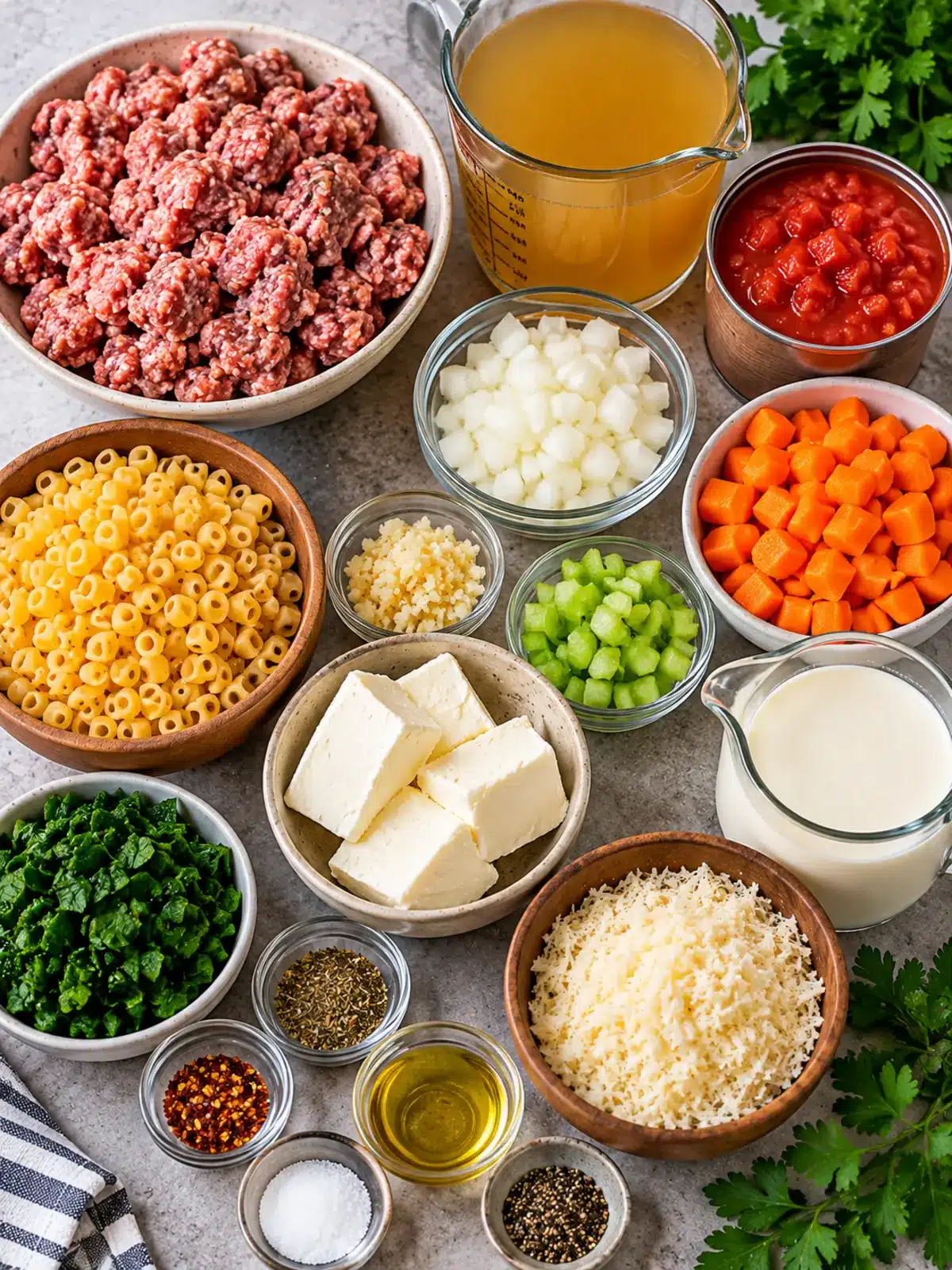 Creamy Parmesan Italian Sausage Soup with Ditalini Pasta — ingredients flat lay