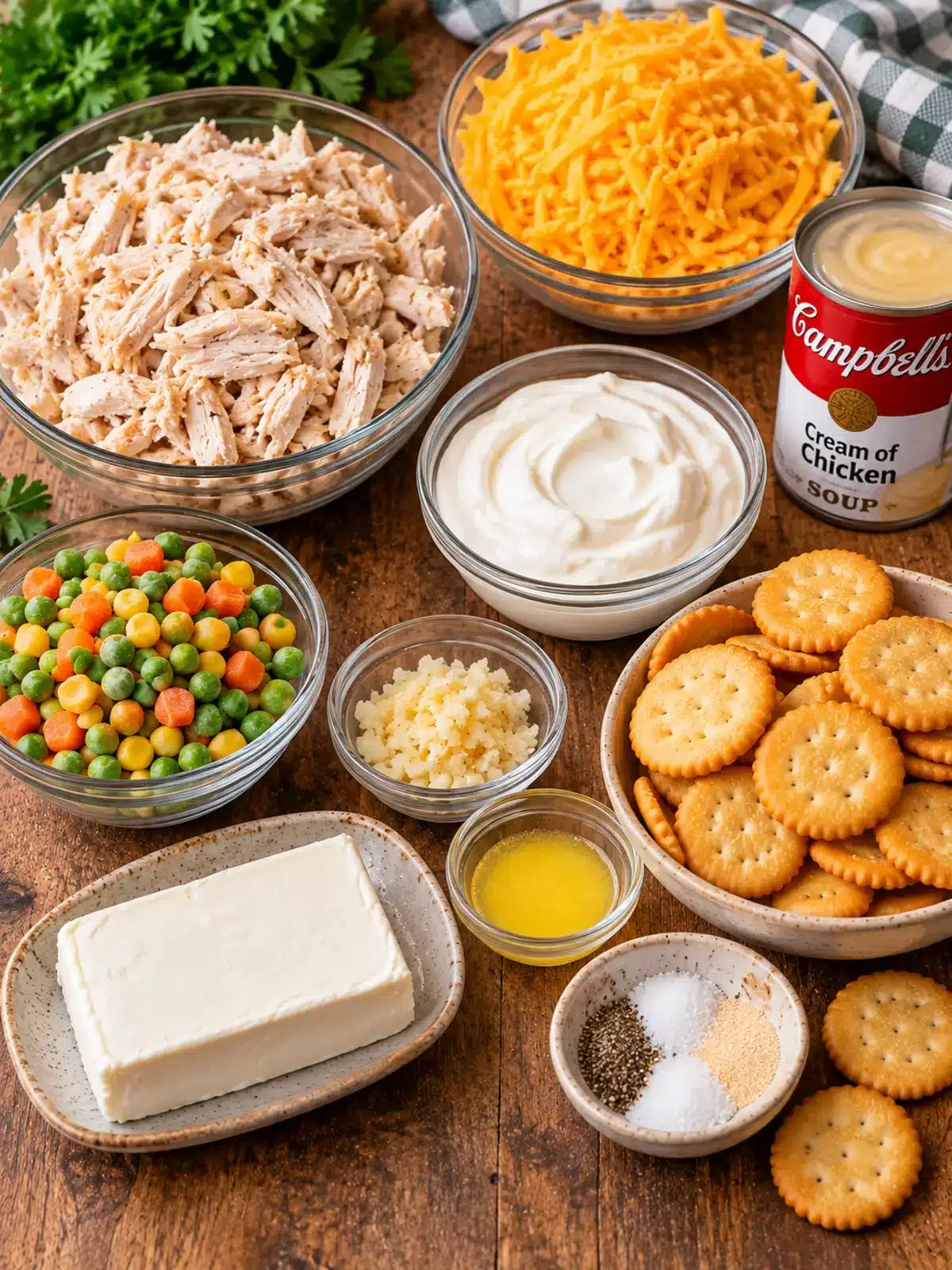 Dolly Parton’s Chicken Casserole with 5 Ingredients — ingredients flat lay