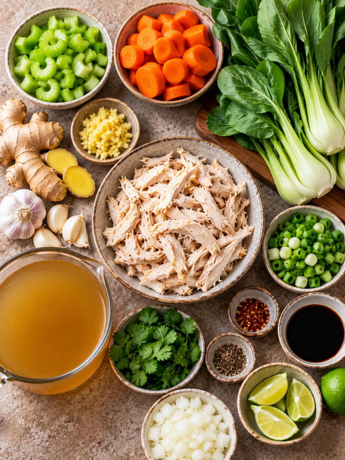 Gingery Chicken Soup with Bok Choy - A Comforting Meal — ingredients-flat-lay