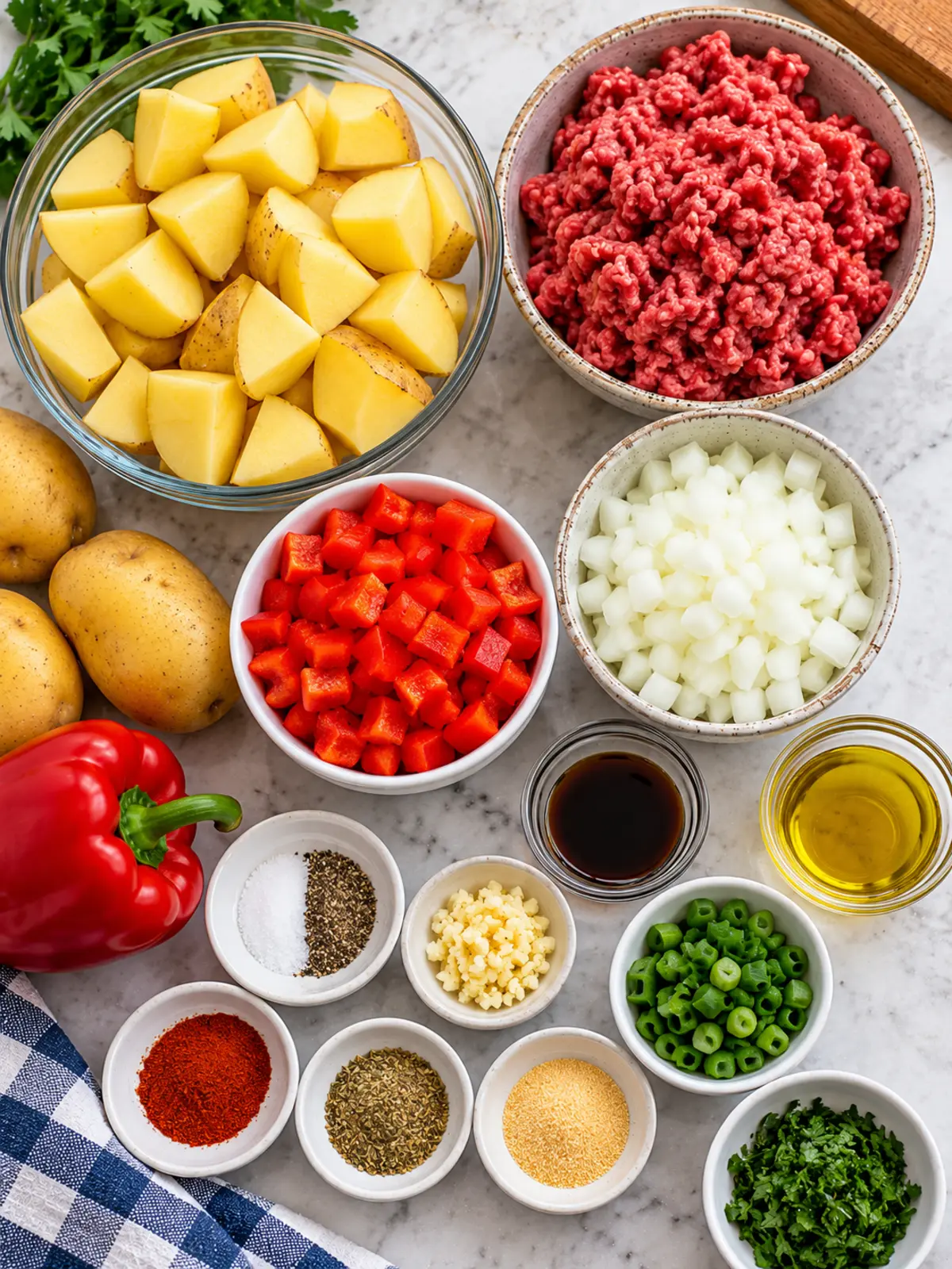 Ground Beef and Potatoes: A Family-Friendly Dinner — ingredients flat-lay