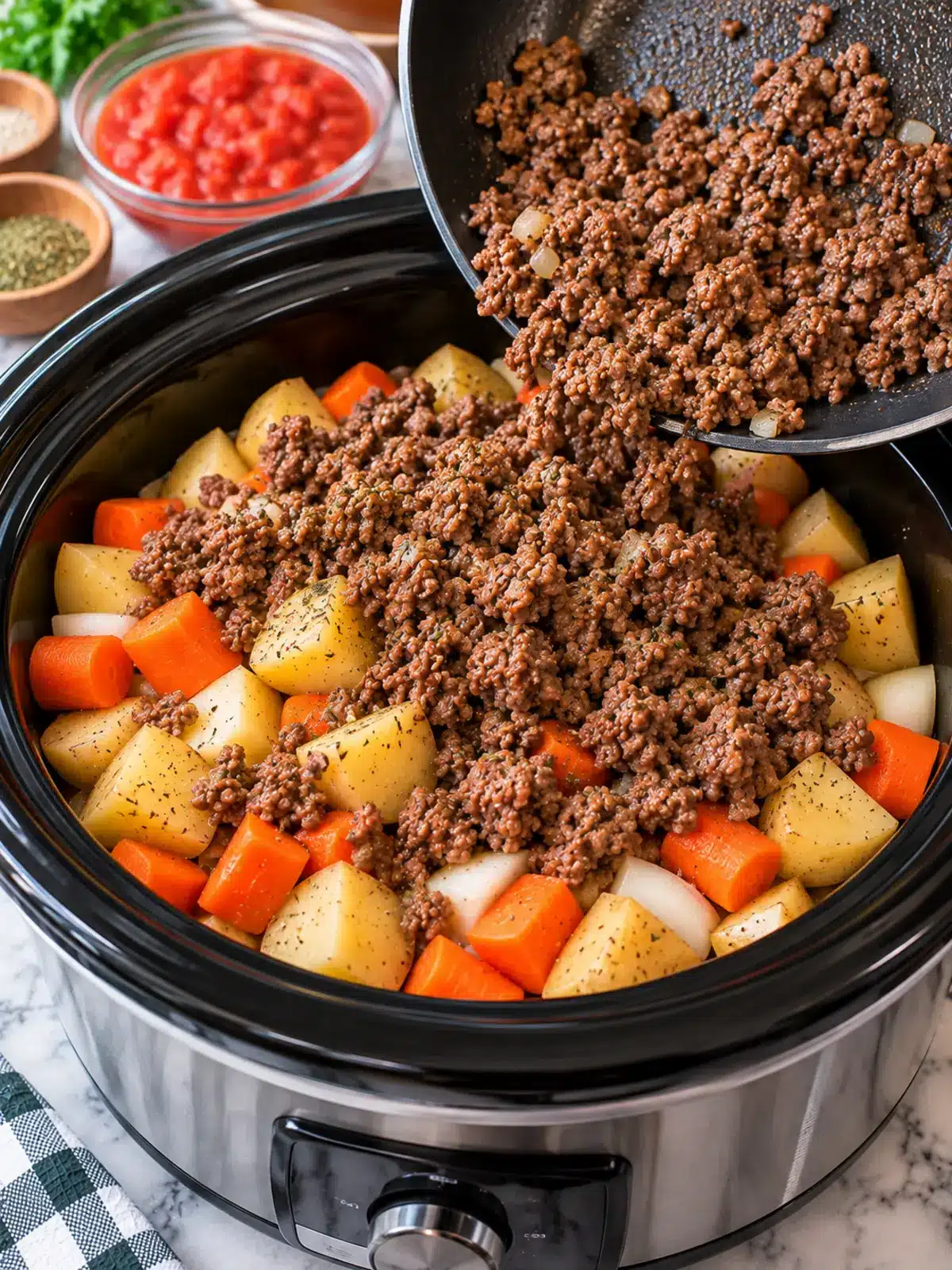 Hearty Hobo Dinner in a Slow Cooker — combining ingredients