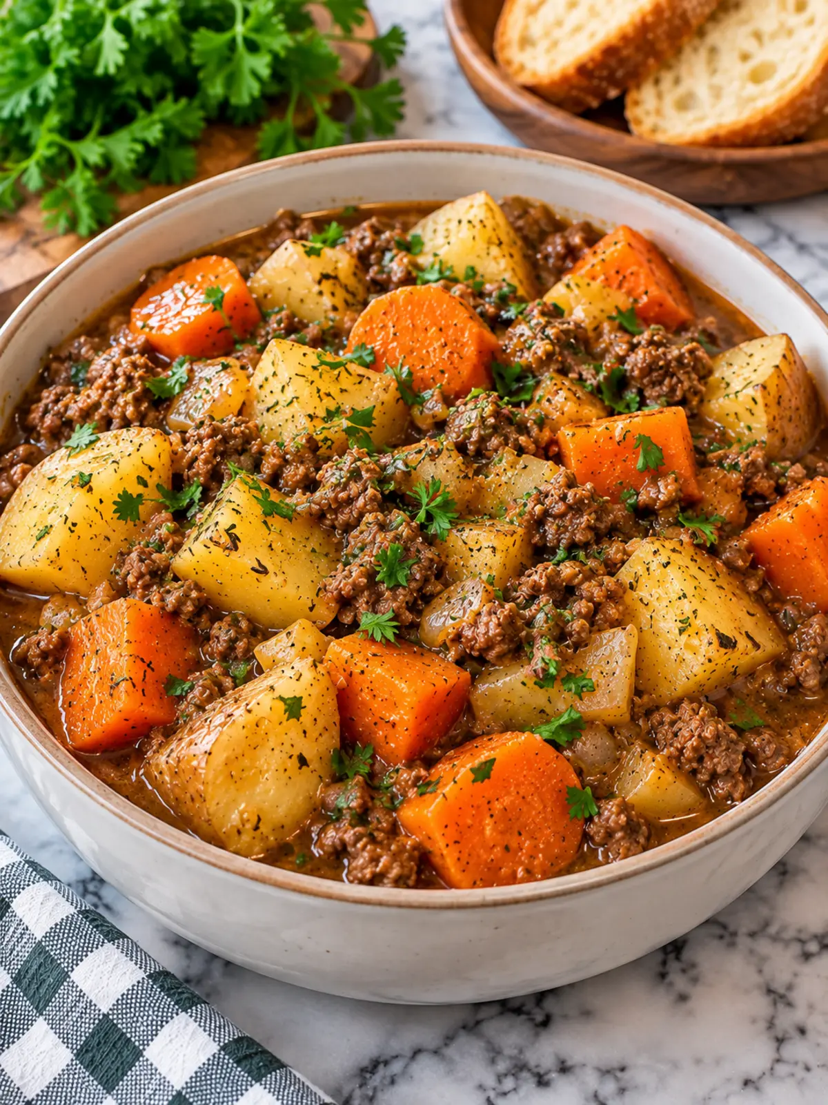 Hearty Hobo Dinner in a Slow Cooker — final dish garnished with parsley