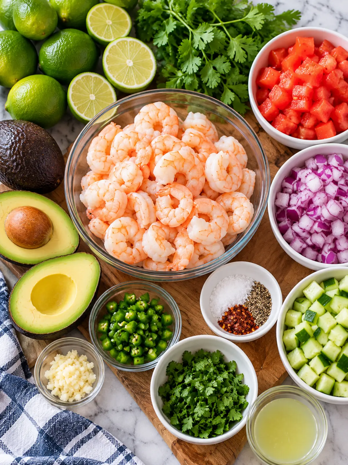 Lime Shrimp Ceviche for Party Snacks — ingredients flat-lay