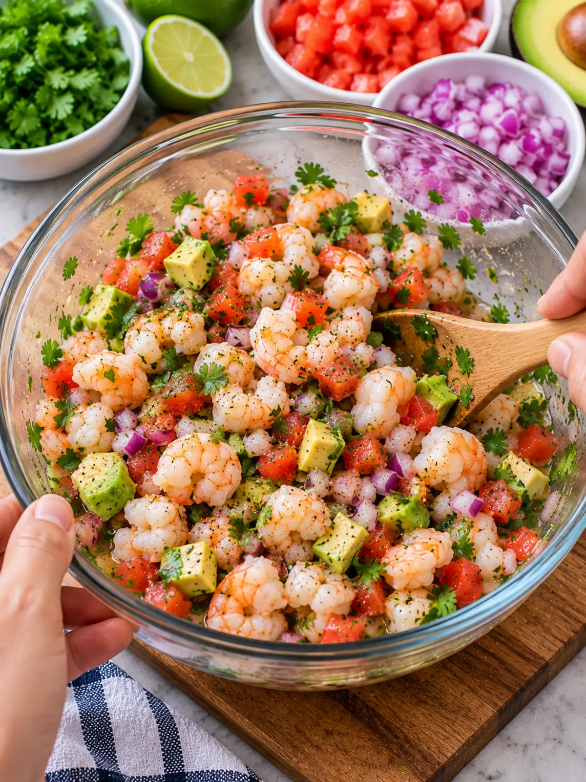 Lime Shrimp Ceviche for Party Snacks — instructional image of combining ingredients