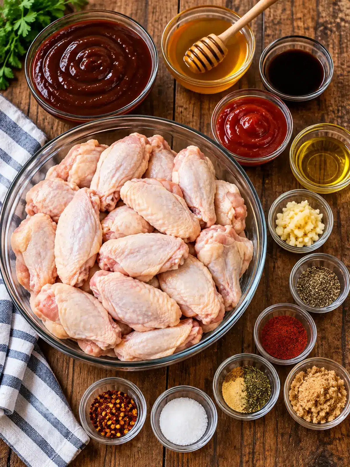 Slow Cooker Wings with Honey Barbecue Sauce — ingredients flat lay